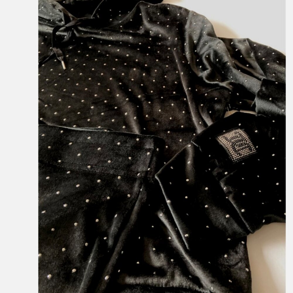JUICY COUTURE velour 2pc pajama set Pants hoodie Rhinestone Logo size L Black - Picture 2 of 4